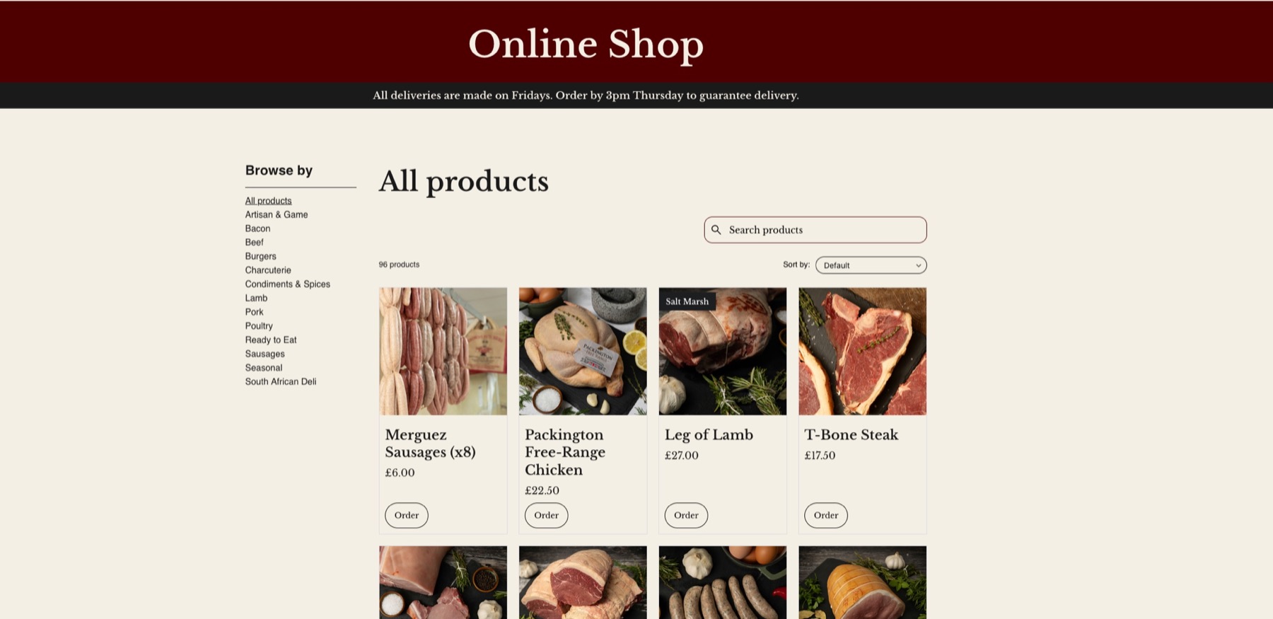 Online shop product categories on the Browns of Harborne website