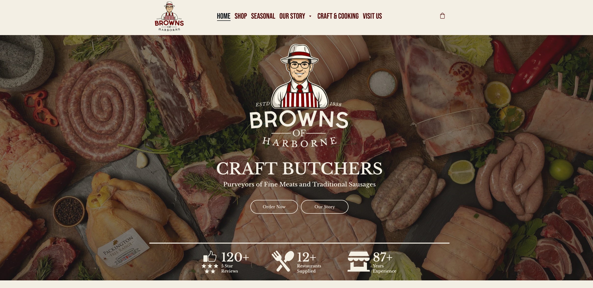 Browns of Harborne website homepage designed for the Birmingham butcher
