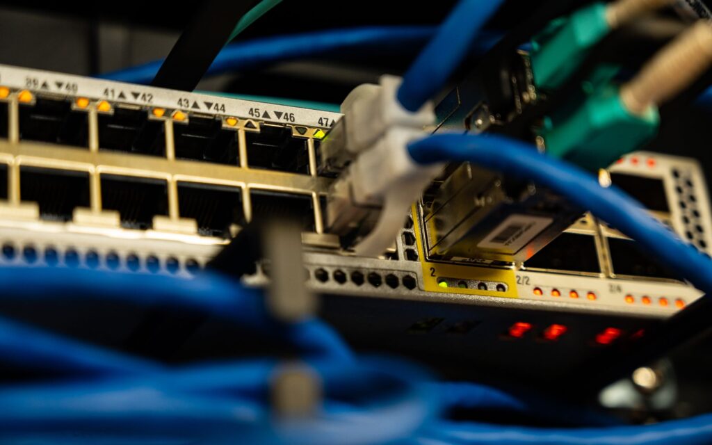 Ethernet cables connected to a business network switch